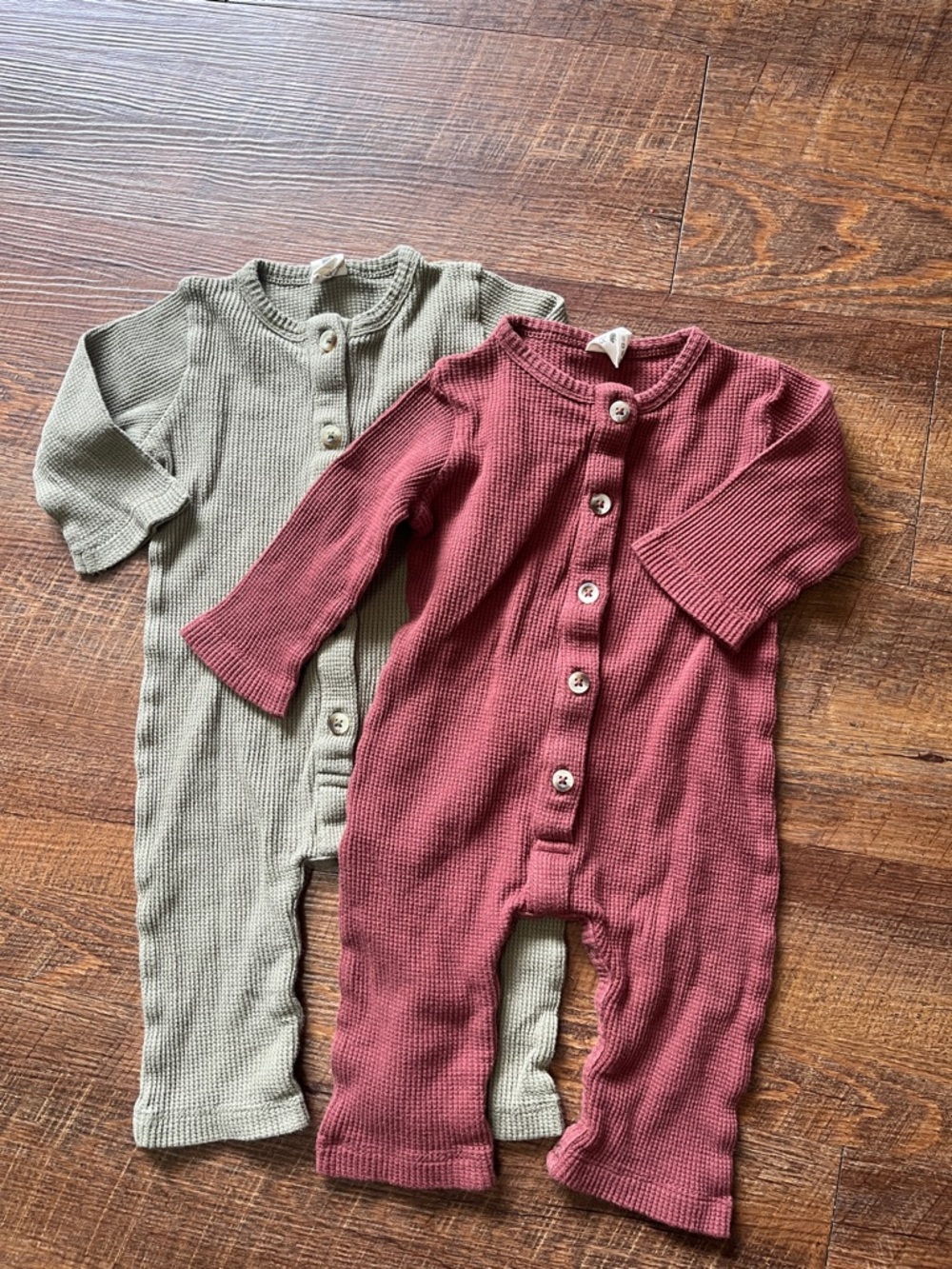 kate quinn Waffle Knit Button-Front One-Piece in Brick Red and Sage